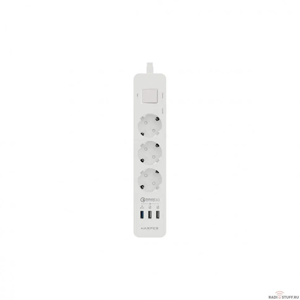 Harper Сетевой фильтр с USB зарядкой UCH-340 White QC3.0 (3 роз.,1,5м., 3 x USB (max 4.8A), 4000W) {H00002821}