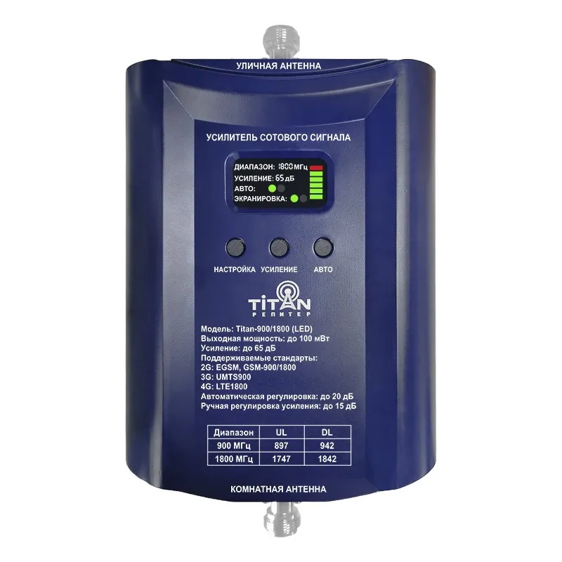 Репитер Titan-900/1800 (LED), 2G/GSM/EGSM/4G/LTE, усиление 65 дБ